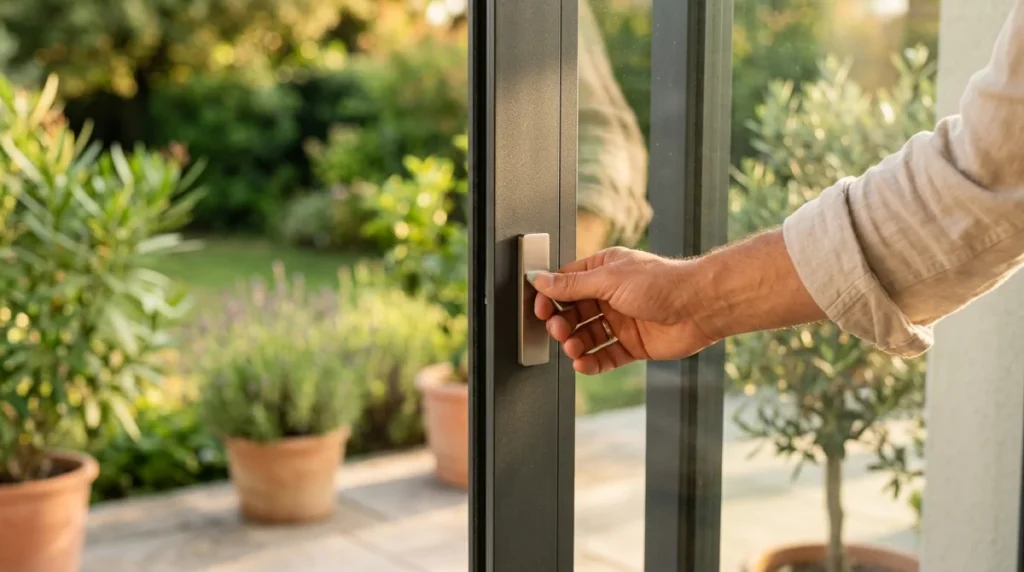 Main saisissant un tirant plat métallique pour fermer une porte-fenêtre de l'extérieur sans poignée sur une terrasse.