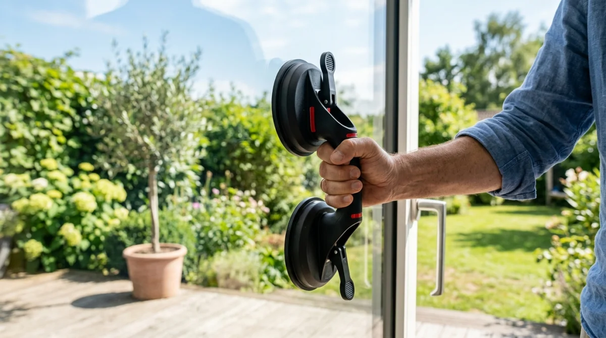 Main utilisant une poignée ventouse sur une vitre pour expliquer comment fermer une porte-fenêtre de l'extérieur sans poignée.