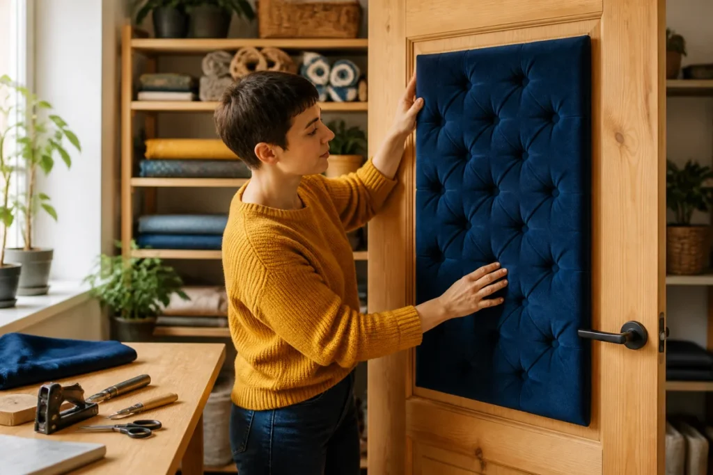 Personne fixant un panneau acoustique en velours bleu sur une porte en bois pour apprendre comment insonoriser une porte.