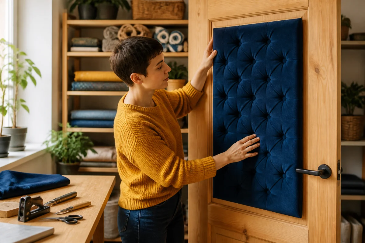 Personne fixant un panneau acoustique en velours bleu sur une porte en bois pour apprendre comment insonoriser une porte.