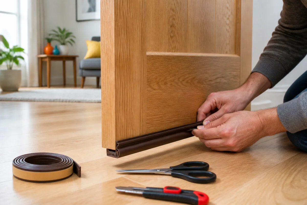 Installation d'un joint d'étanchéité en caoutchouc sur une porte en bois pour savoir comment insonoriser une porte efficacement.