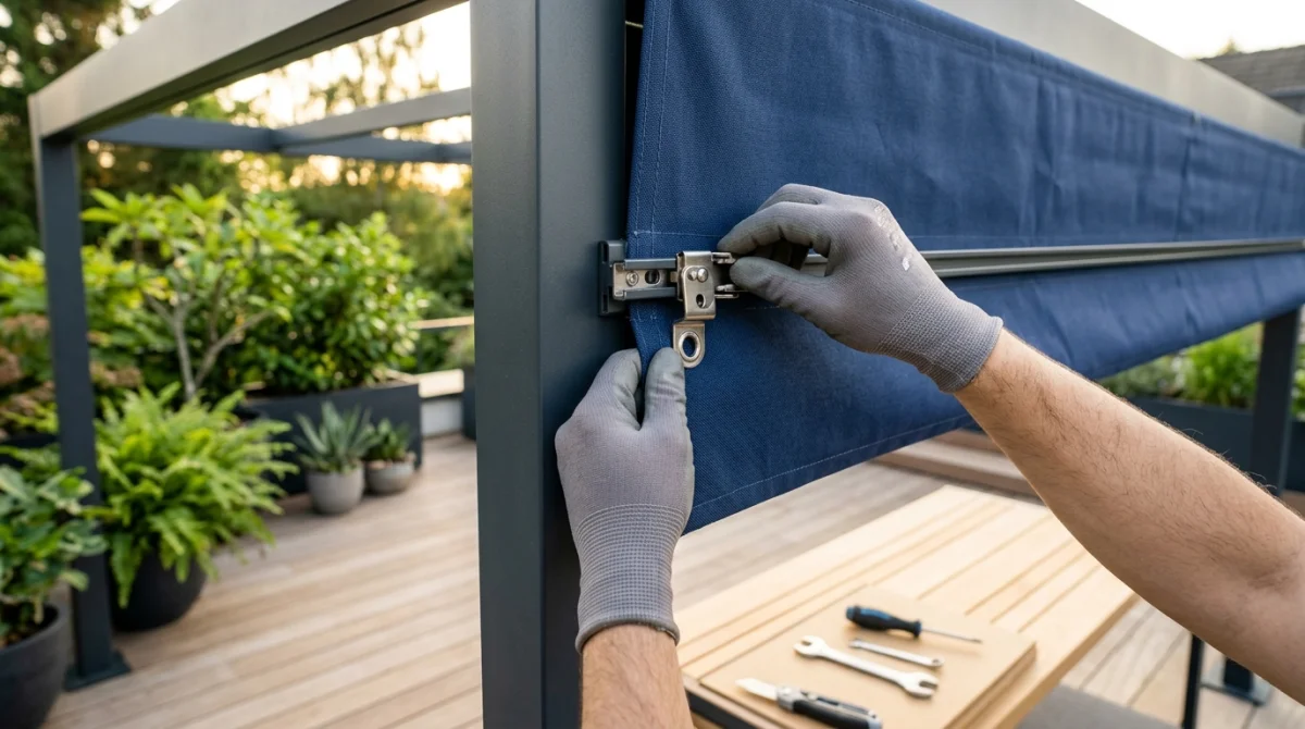 Gros plan sur des mains fixant une attache métallique pour installer une toile coulissante sur une pergola moderne.