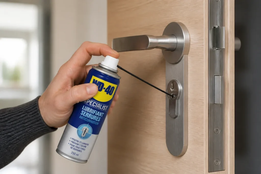 Main appliquant un lubrifiant dans le cylindre d'une serrure pour savoir comment ouvrir une porte d'entrée 3 points bloquée.