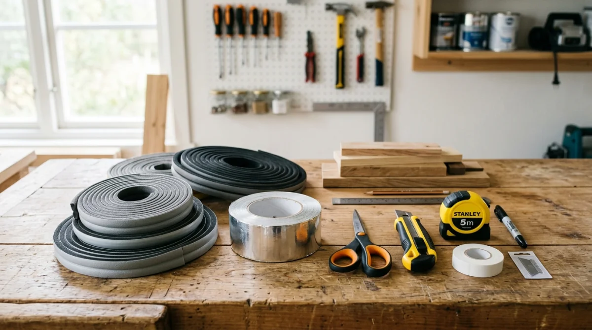 Outils de bricolage et matériaux isolants disposés sur un établi en bois pour apprendre comment isoler une porte.