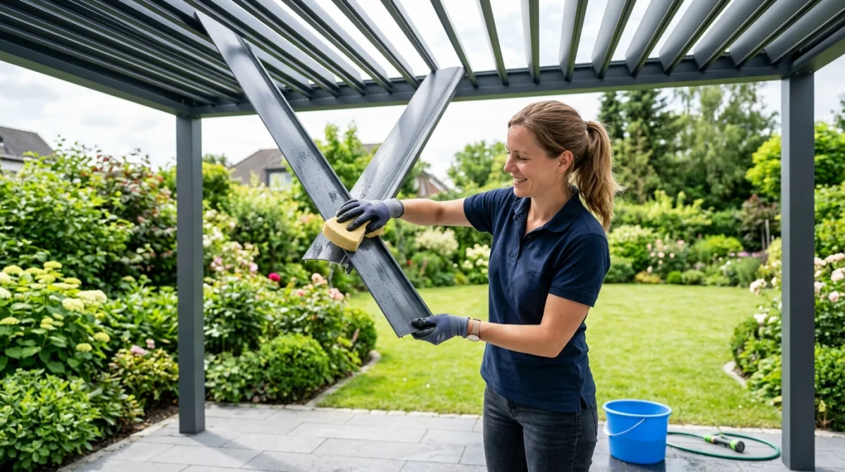 Personne nettoyant délicatement les lames en aluminium d'une pergola bioclimatique sur une terrasse moderne et lumineuse.