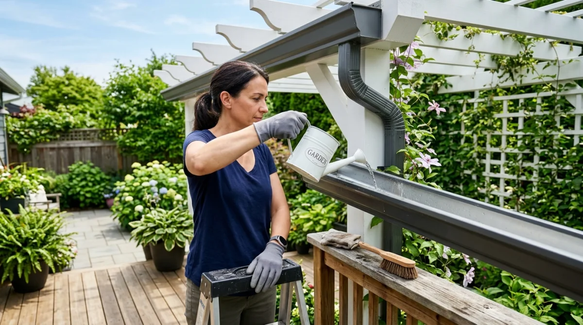 Personne nettoyant délicatement le chéneau d'une pergola bioclimatique avec un arrosoir pour son entretien régulier.