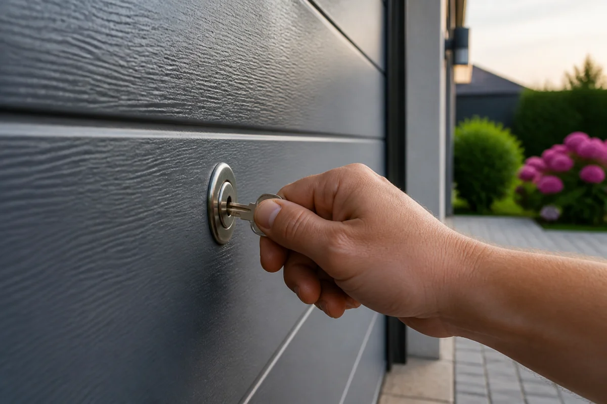 Main insérant une clé dans la serrure d'une porte de garage moderne pour l'ouvrir de l'extérieur.