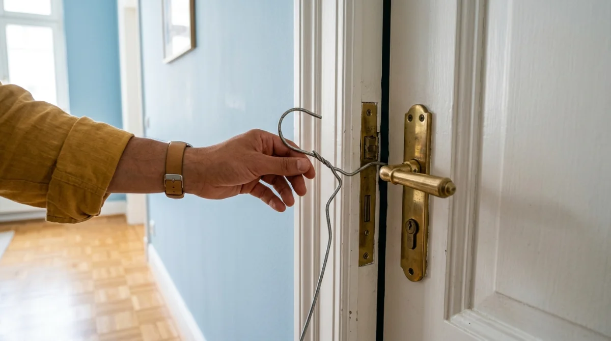 Main utilisant un cintre métallique pour ouvrir une porte claquée dans un couloir résidentiel moderne.