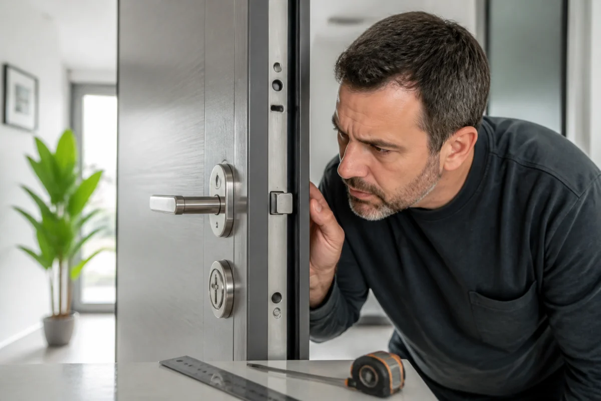 Un expert en bricolage inspecte le mécanisme d'une porte d'entrée 3 points bloquée pour identifier la panne.