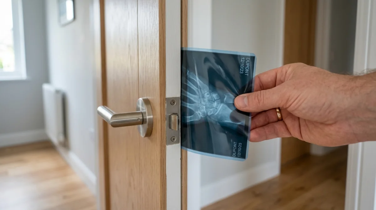 Main insérant une radiographie entre une porte en bois et son cadre pour débloquer le pêne de la serrure.