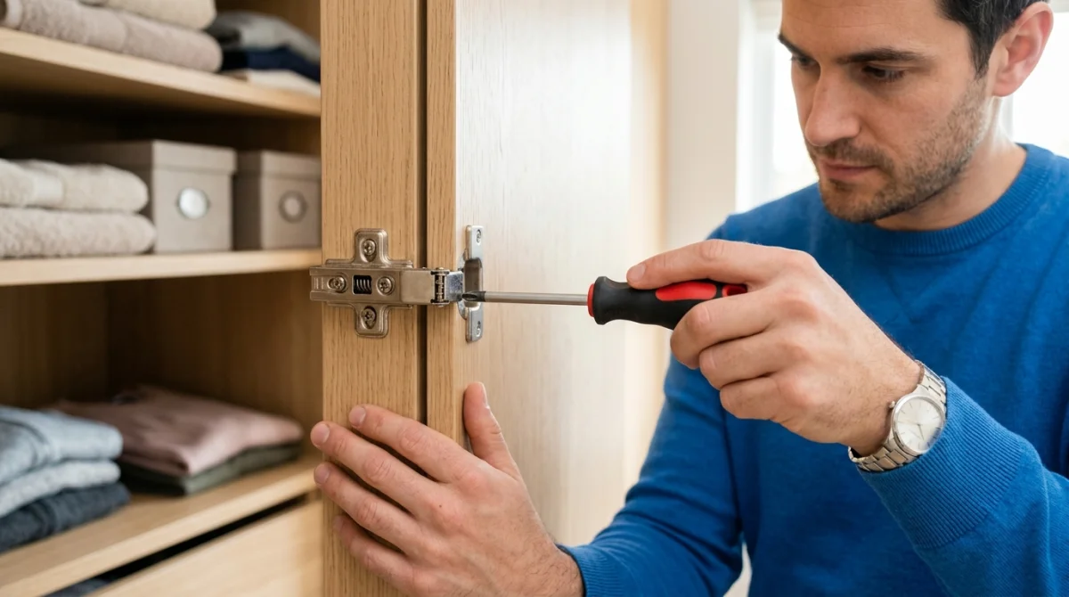 Bricoleur utilisant un tournevis pour ajuster la charnière métallique d'une porte de placard dans un dressing moderne.