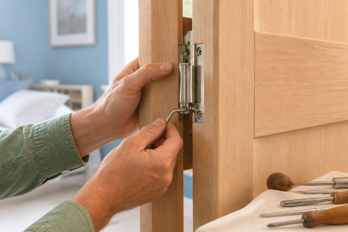 Gros plan sur des mains utilisant une clé hexagonale pour régler les gonds d'une porte en bois.