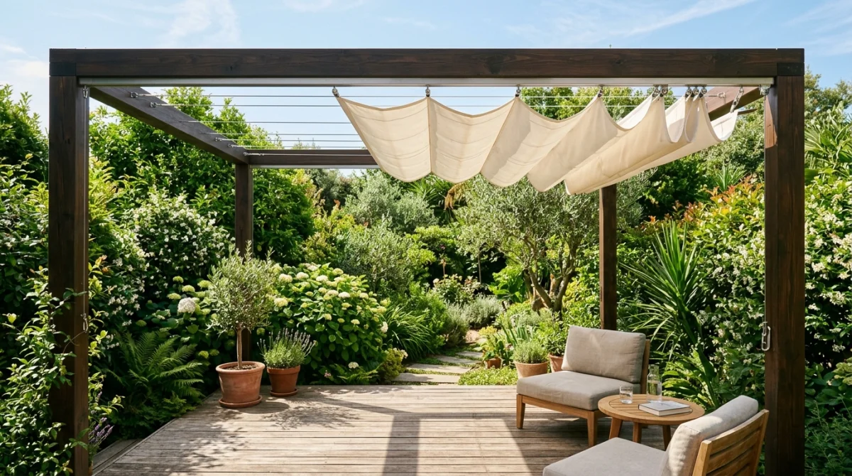 Toile coulissante blanche installée sur une pergola en bois moderne pour ombrager une terrasse ensoleillée.