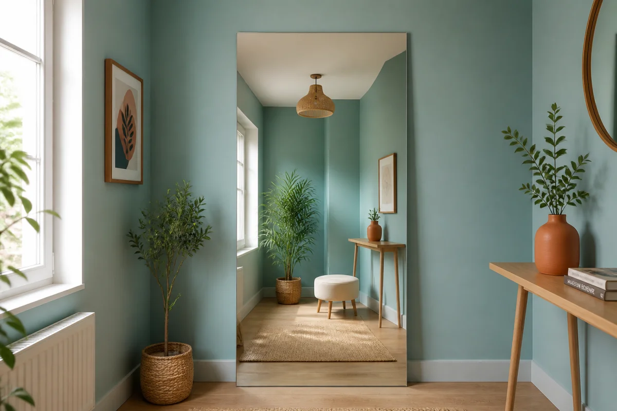 Porte dissimulée derrière un grand miroir vertical dans un intérieur contemporain bleu-vert, avec console en bois et plantes décoratives