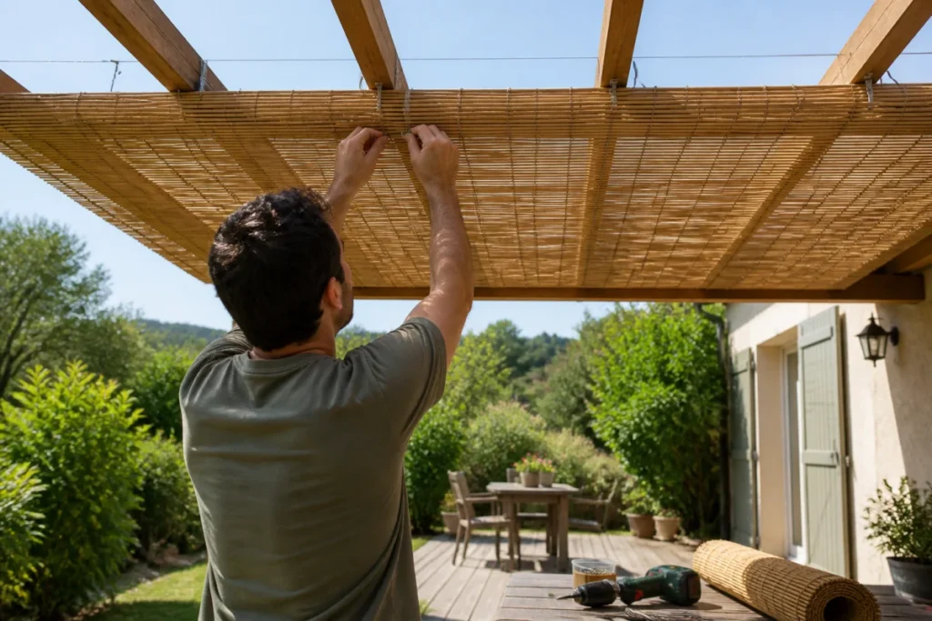 Personne fixant une canisse en bambou sur une pergola en bois avec des attaches métalliques.