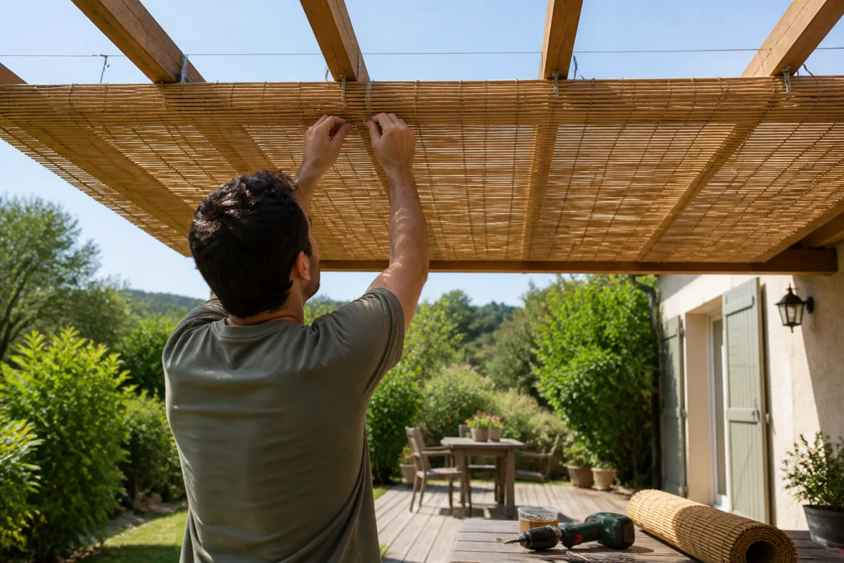 Personne fixant une canisse en bambou sur une pergola en bois avec des attaches métalliques.