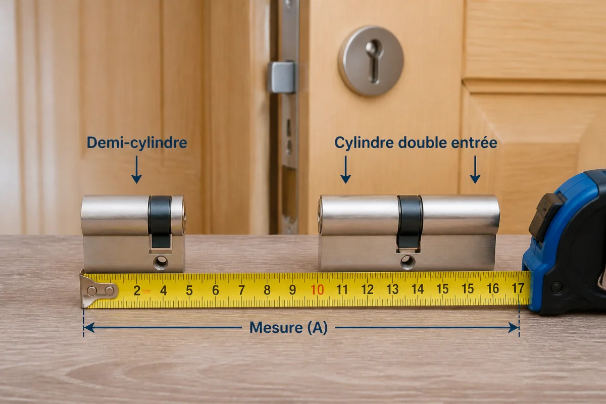 Comment mesurer un cylindre de porte avec un mètre ruban sur un établi en bois