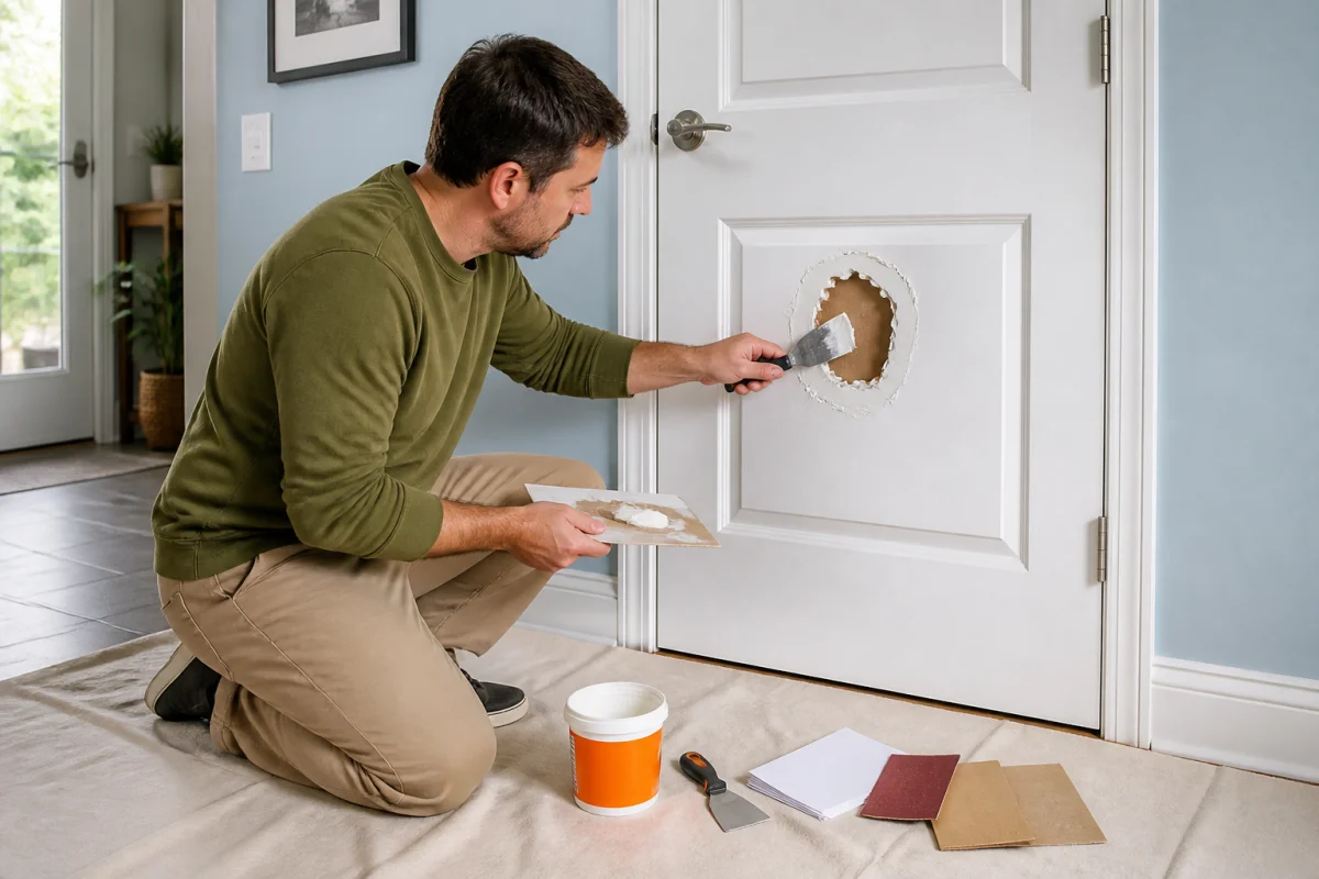 Comment réparer un trou dans une porte intérieure avec de l’enduit, une spatule et du papier abrasif