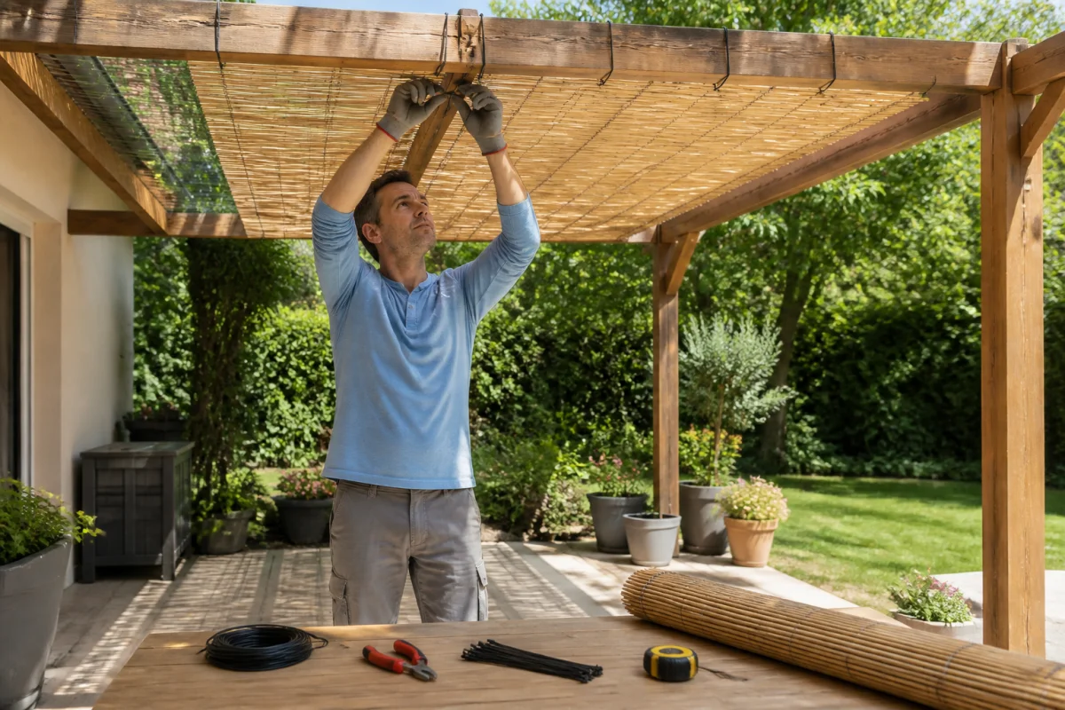 Personne fixant une canisse en roseau sur une pergola en bois avec des liens de maintien résistants