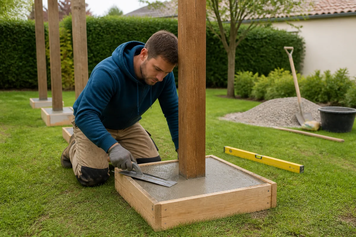 Comment fixer une pergola dans l’herbe avec des plots en béton sous ses poteaux en bois