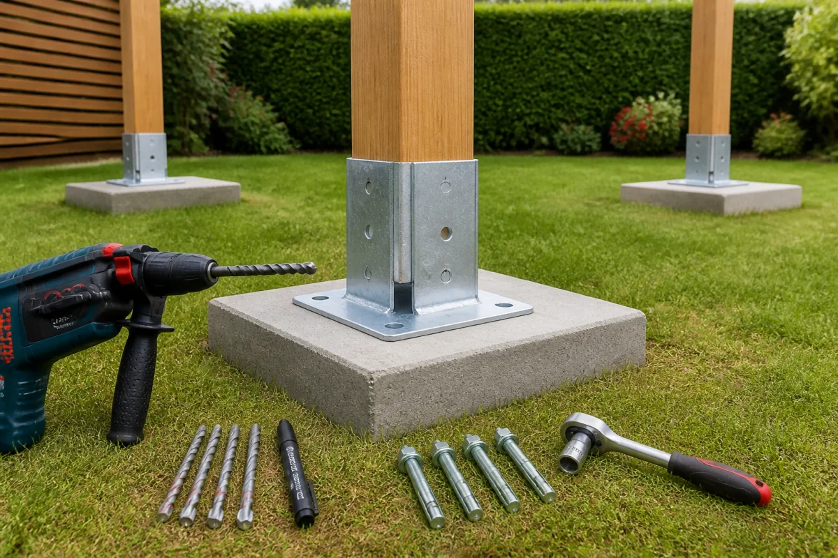 Fixer une pergola dans l’herbe avec des platines métalliques ancrées sur des plots en béton