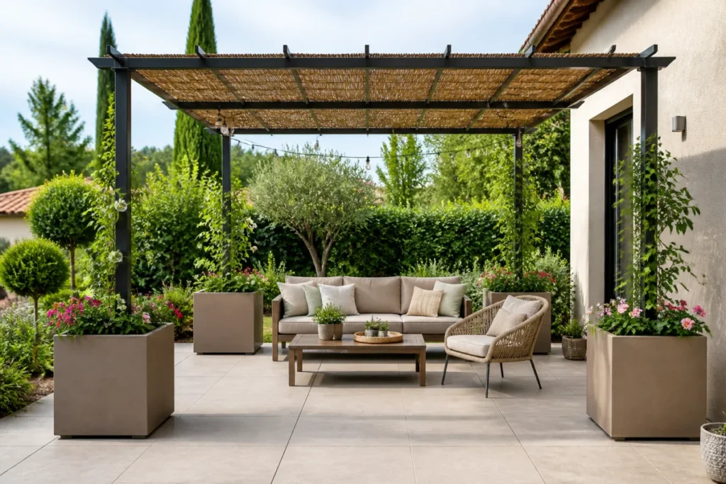 Pergola fixée sans perçage sur une terrasse grâce à des jardinières lestées et fleuries entourant ses quatre pieds