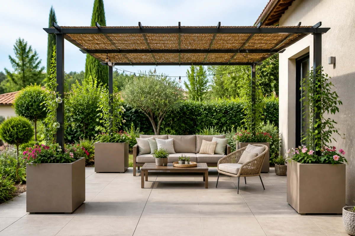 Pergola fixée sans perçage sur une terrasse grâce à des jardinières lestées et fleuries entourant ses quatre pieds
