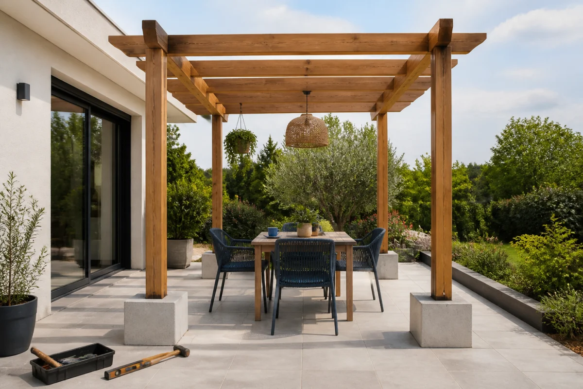 Pergola fixée sur une terrasse sans perçage grâce à quatre poteaux installés dans des plots en béton préfabriqués