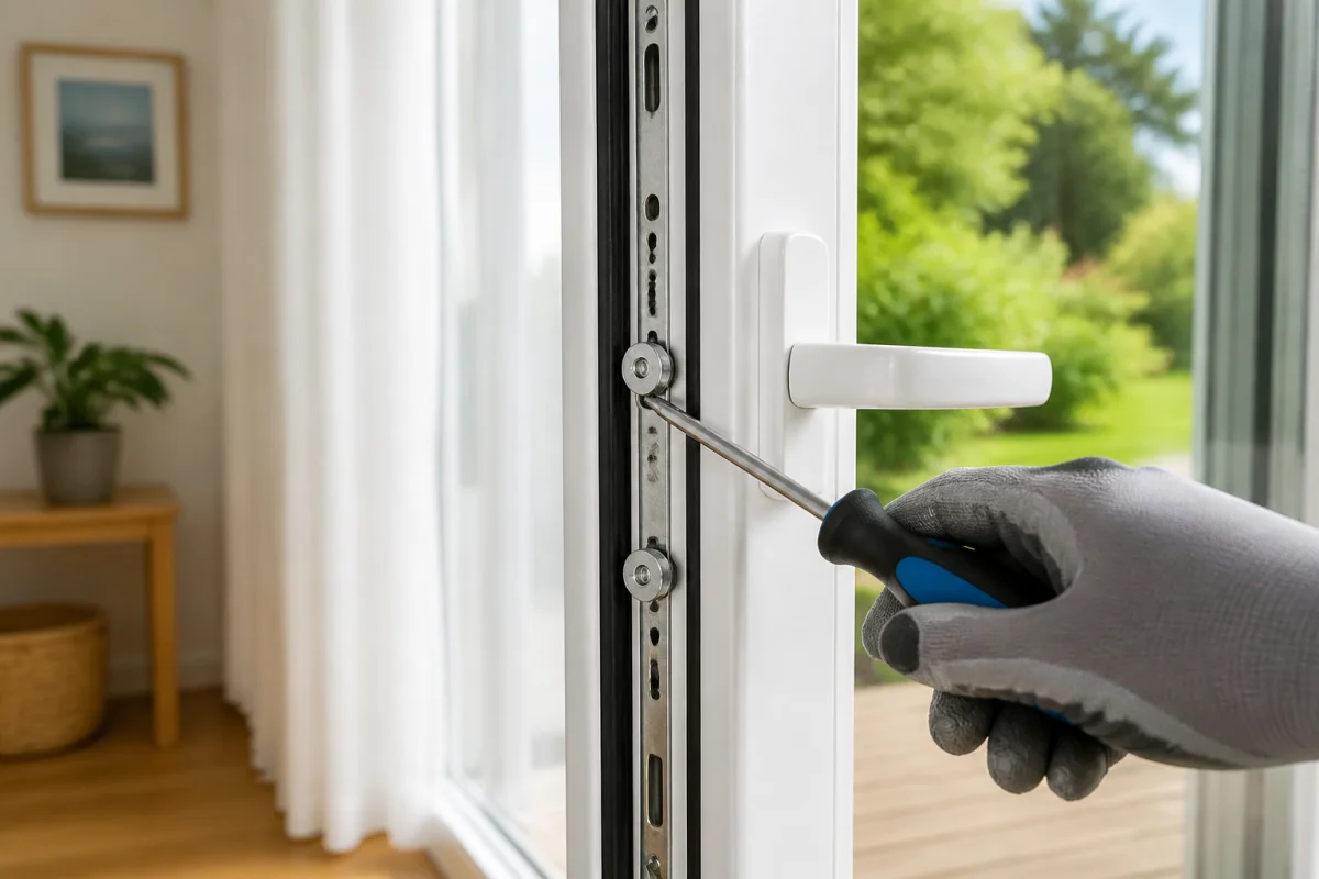 Réglage des galets de fermeture d’une porte-fenêtre en PVC avec un tournevis ganté
