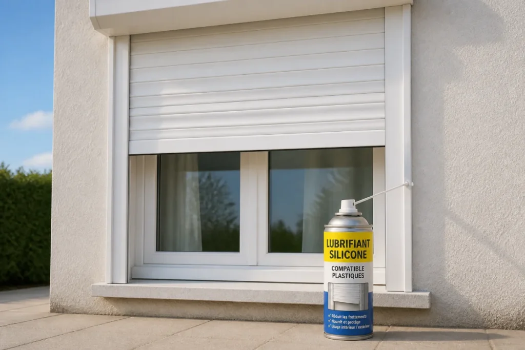 Volet roulant PVC blanc et aérosol de lubrifiant silicone pour entretenir ses coulisses latérales