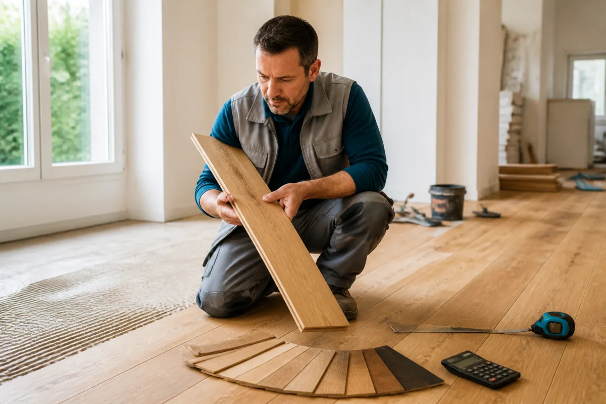 Poseur de parquet évaluant des lames de chêne massif, échantillons, mètre et calculatrice pour estimer le prix au m²