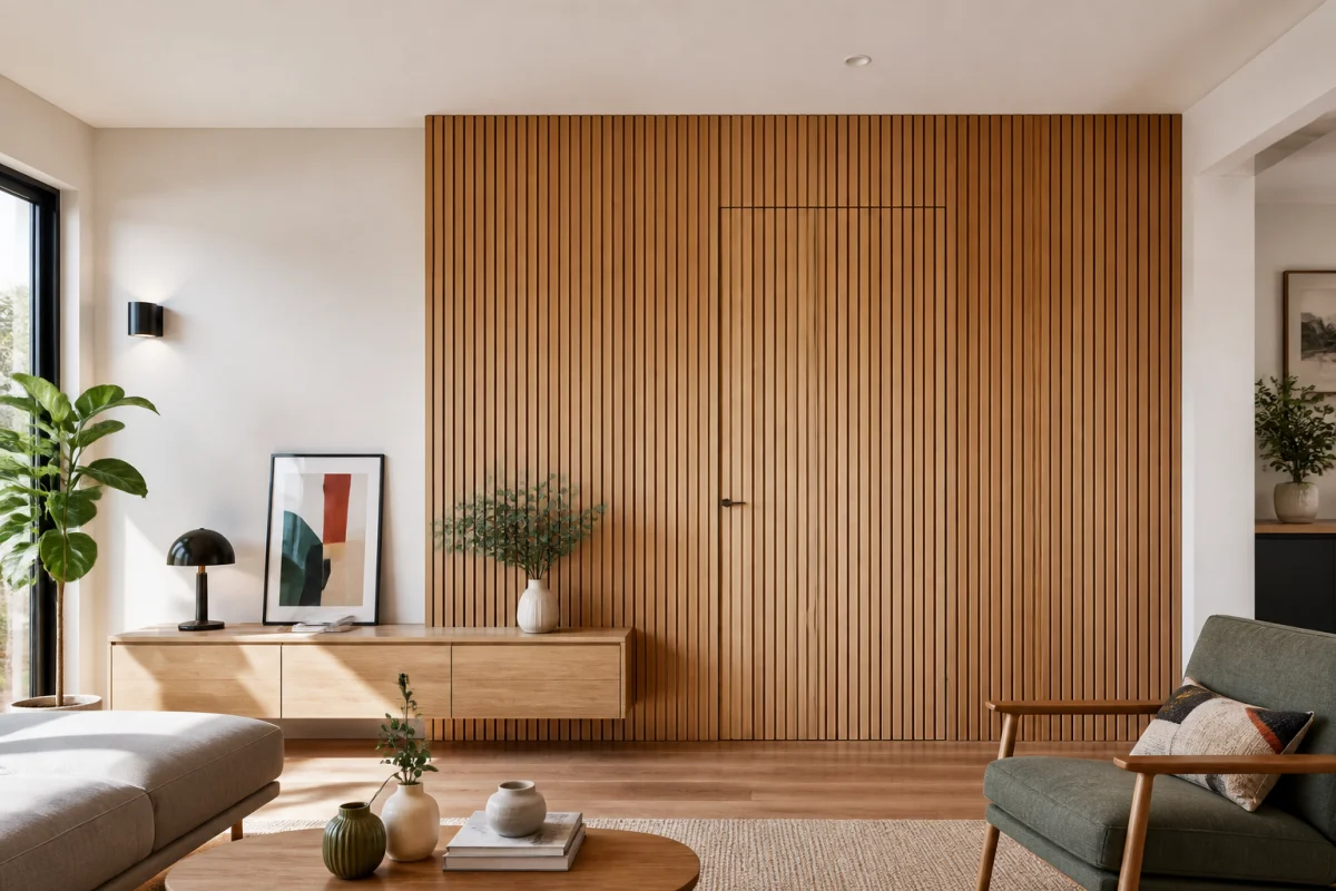 Porte intérieure dissimulée dans un mur en tasseaux de bois, créant une séparation invisible dans un salon contemporain