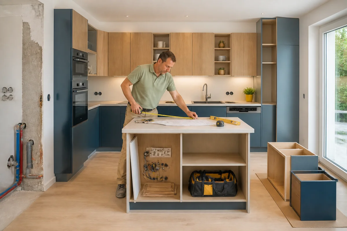 Poseur de cuisine mesurant une implantation en U avec îlot central et appareils encastrés, estimant le prix des travaux