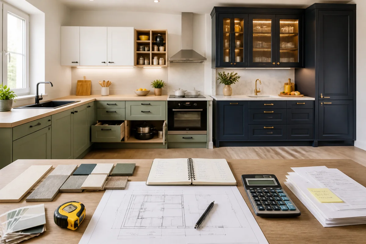 Cuisine contemporaine comparant meubles en kit et sur mesure, avec budget, calculatrice et outils de planification au premier plan