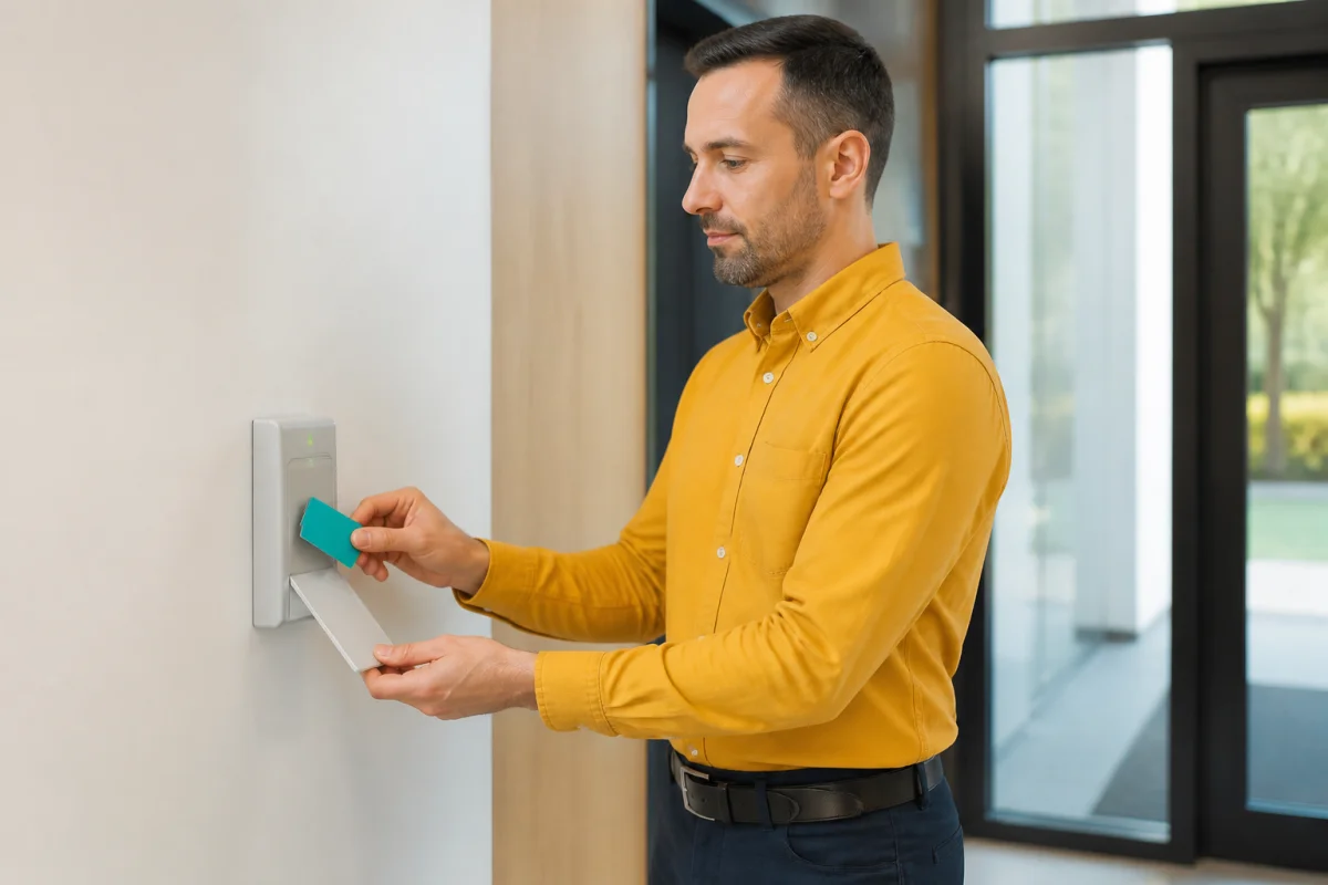 Technicien programmant un badge de porte sur un lecteur mural avec confirmation de réussite et voyant vert