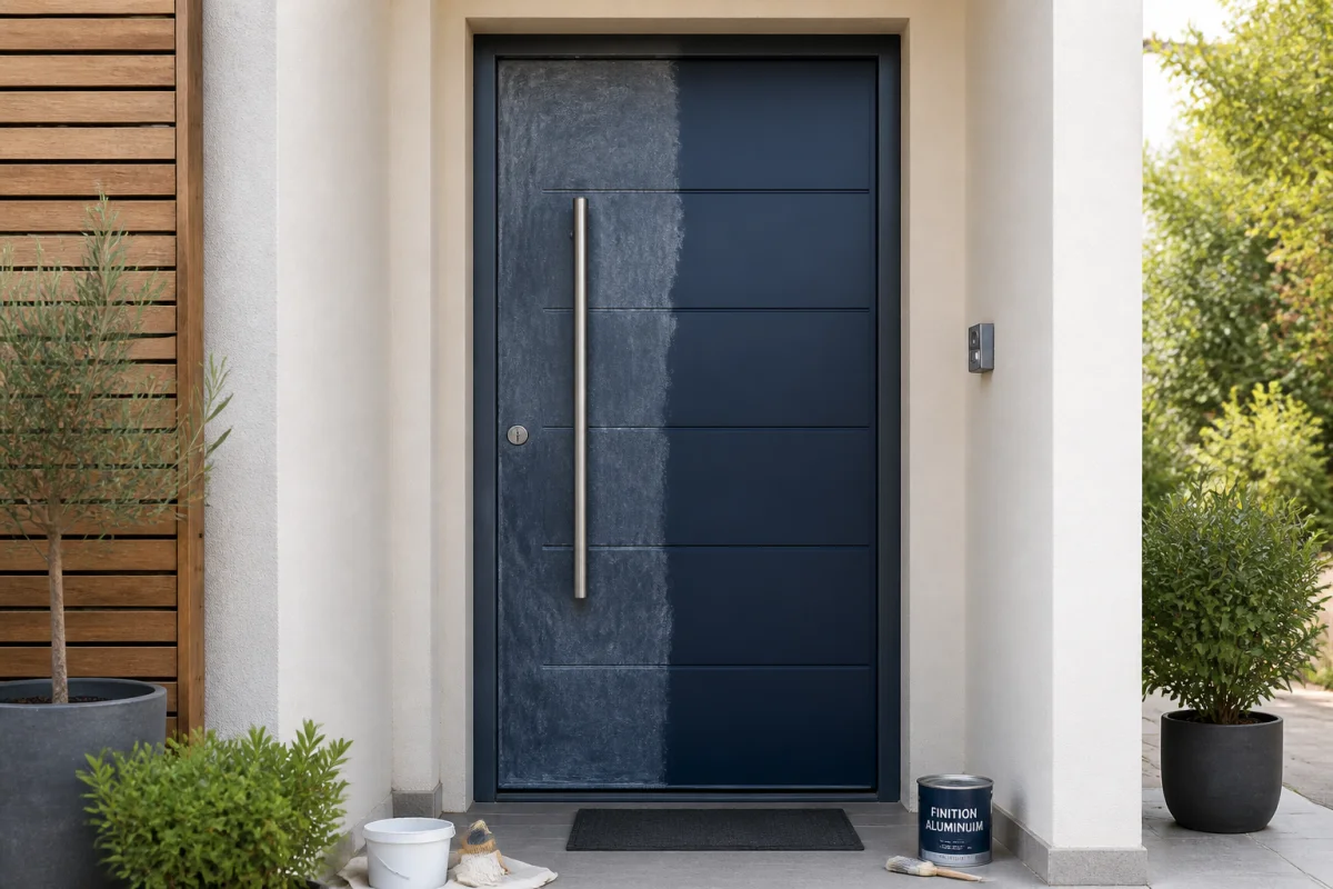 Porte d’entrée en aluminium décolorée, partiellement rénovée avec une teinte ravivée et des outils de finition au sol