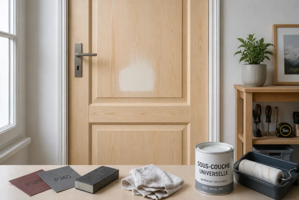 Porte en bois avec trou rebouché, surface poncée et outils de bricolage prêts pour la finition peinture