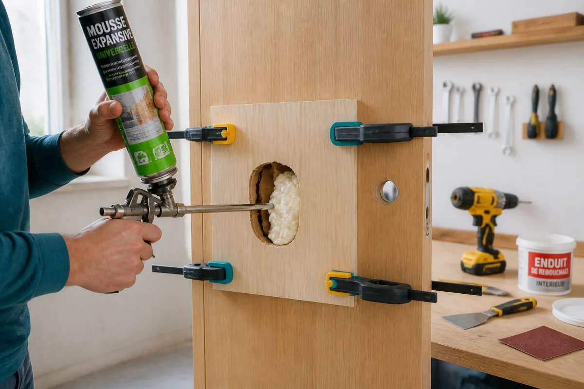 Porte creuse en bois avec trou rebouché à la mousse expansive, maintenue par une plaque de contreplaqué et des serre-joints