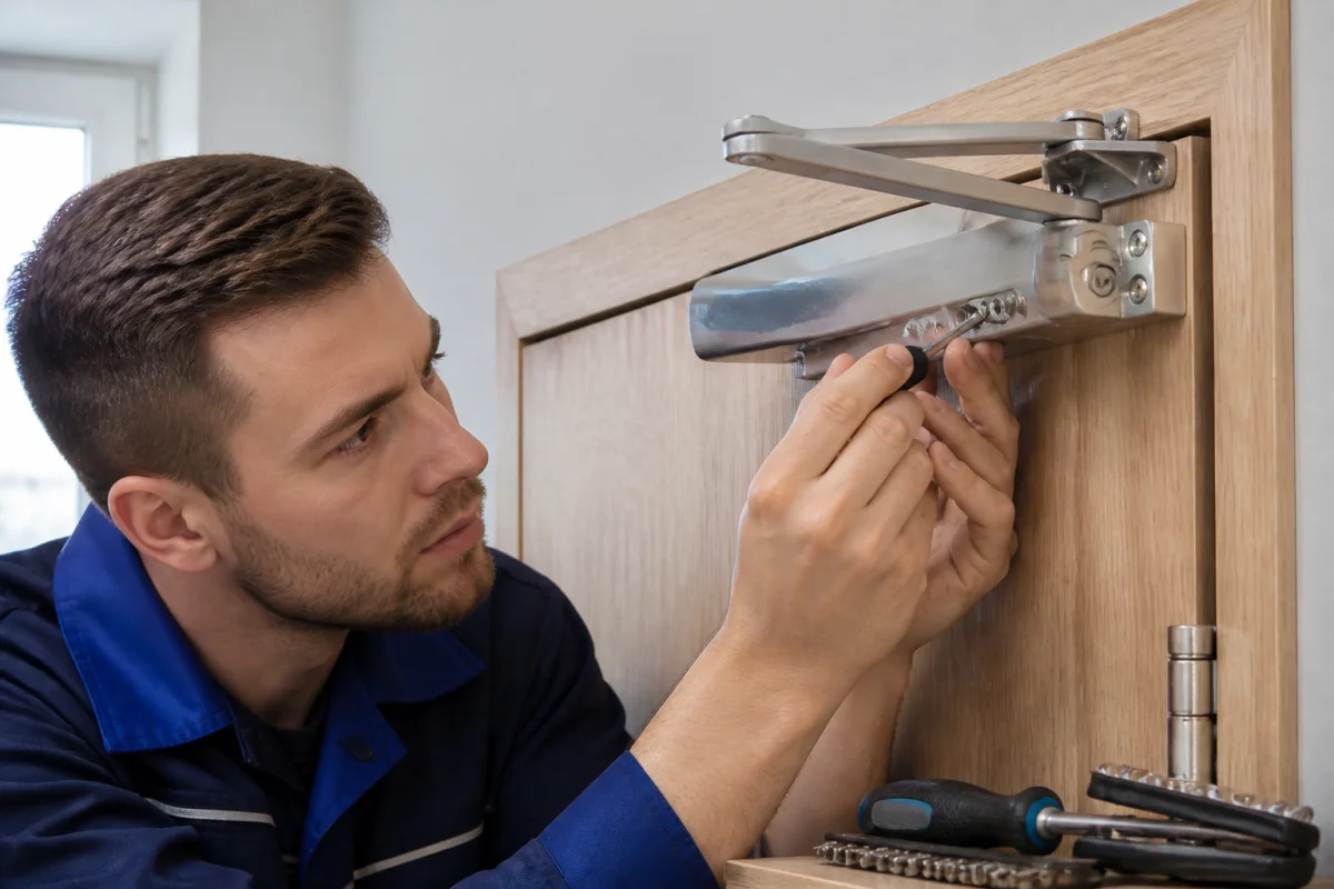Un technicien ajuste les vis de réglage d'un ferme-porte hydraulique pour montrer comment régler un groom de porte.
