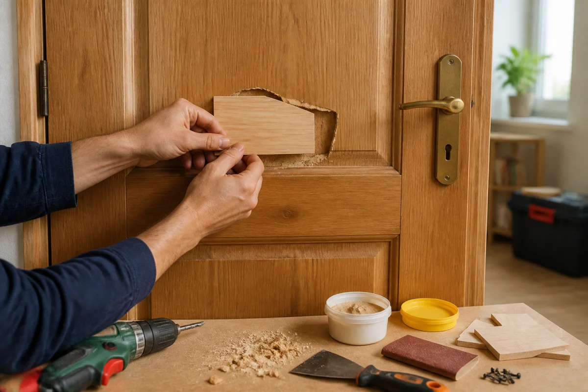 Bricoleur réparant un trou dans une porte en bois avec une pièce de bois, du mastic et des outils manuels
