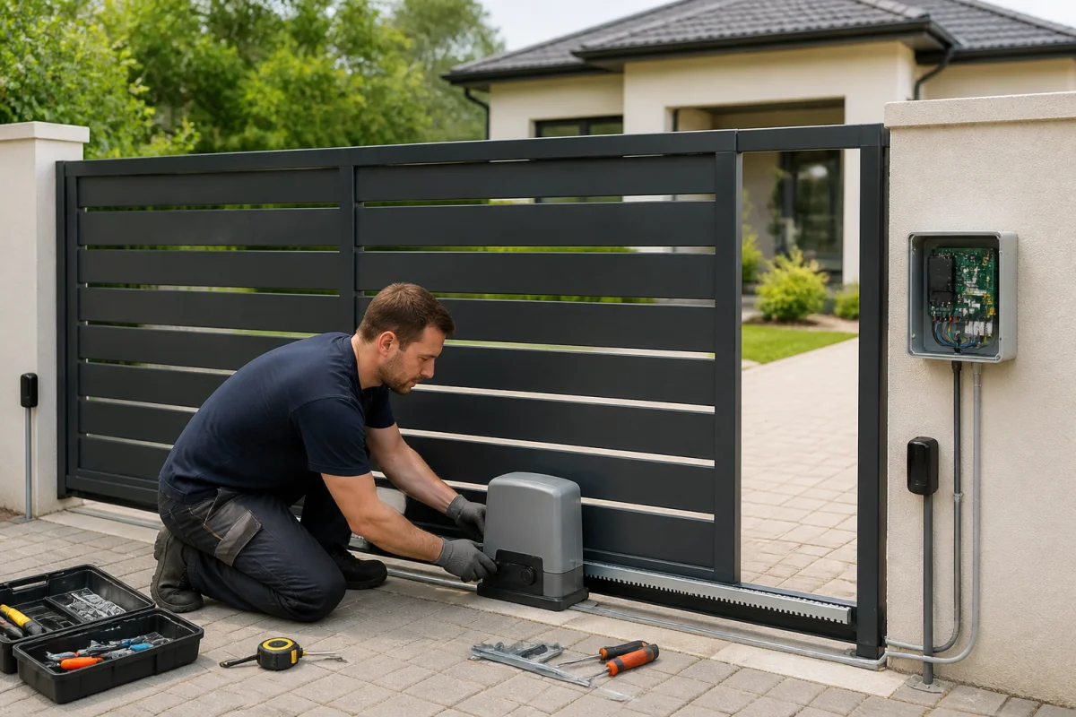 Installateur posant une motorisation sur un portail coulissant résidentiel, avec moteur, rail et accessoires visibles人人摸