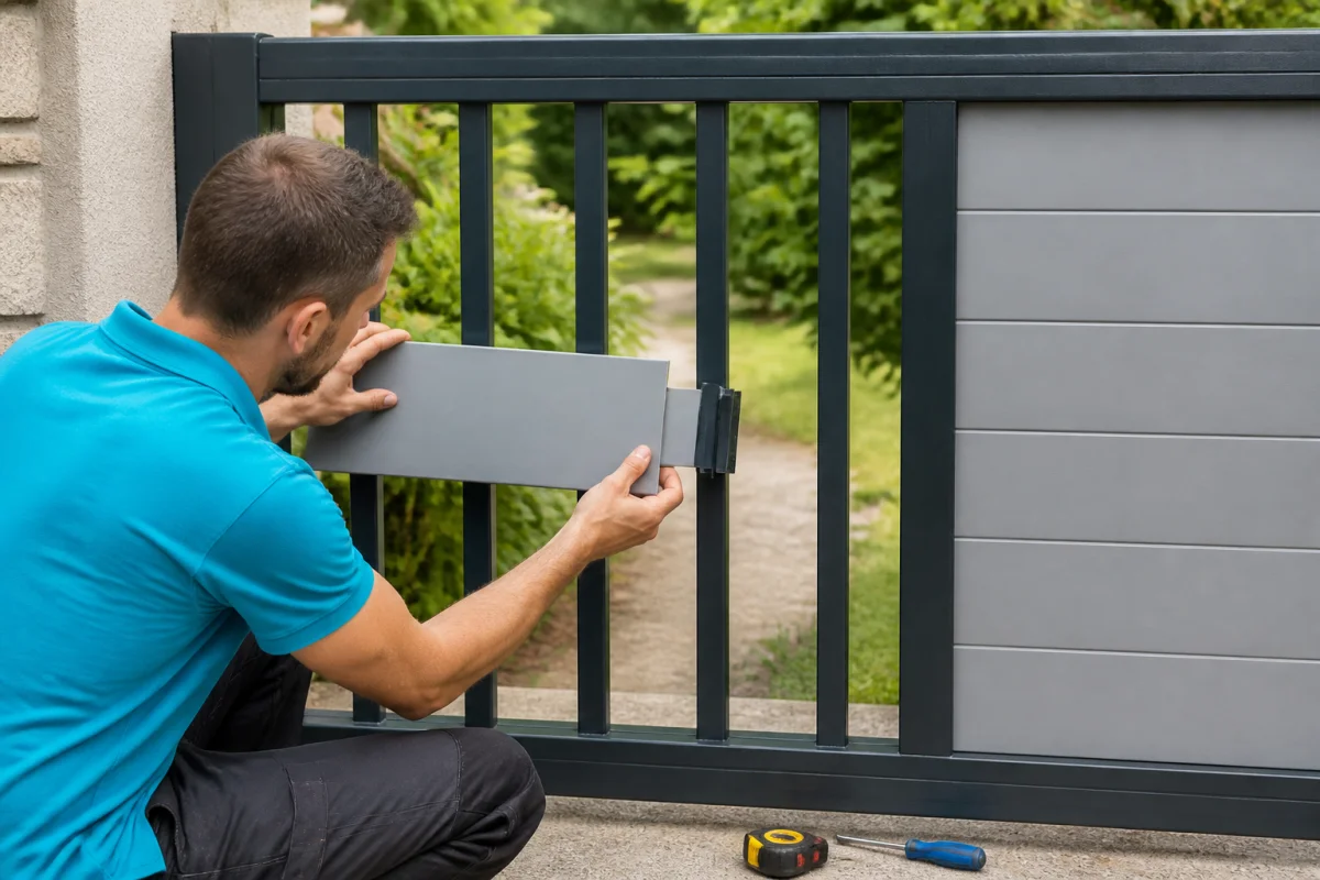 Installation de lames PVC entre les barreaux d’un portail ajouré pour le fermer sans démontage