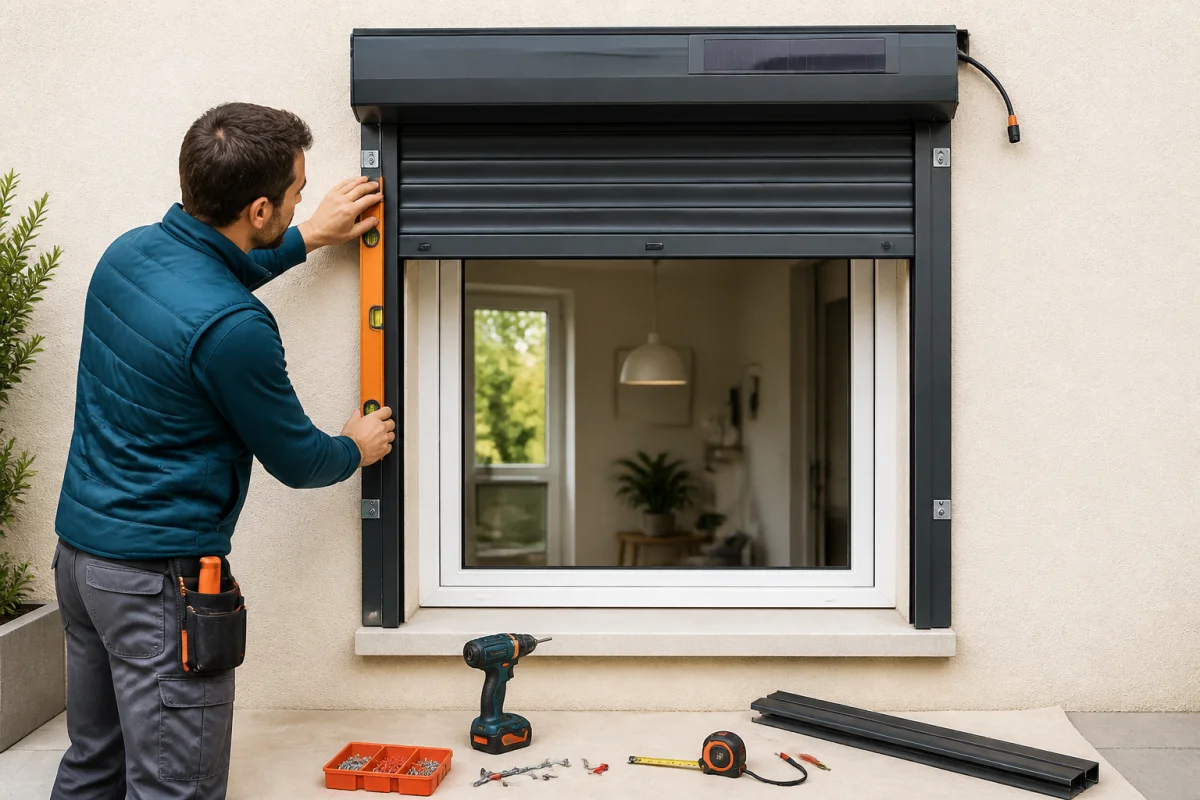 Bricoleur installant un volet roulant solaire, alignant coffre et coulisses sur une façade résidentielle avant fixation définitive