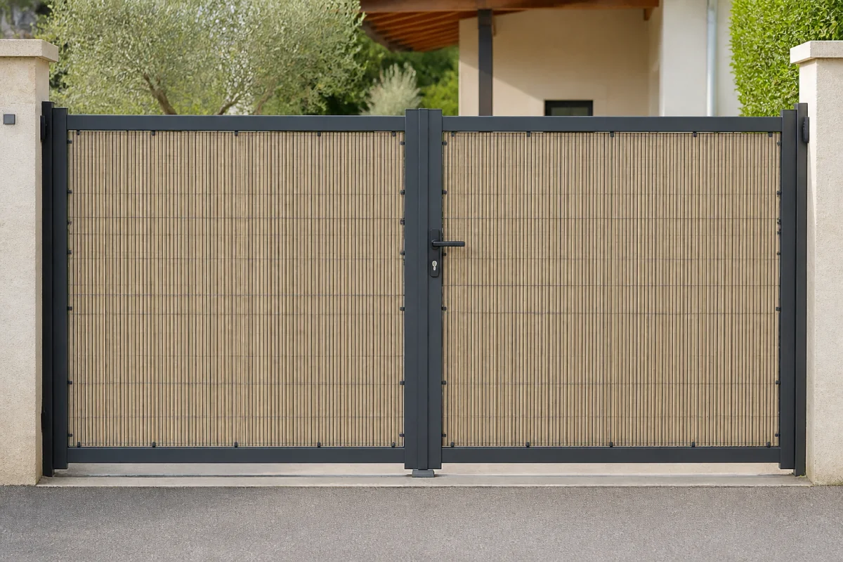 Comment fermer un portail ajouré avec une canisse PVC fixée solidement, sans démontage, devant une entrée résidentielle.