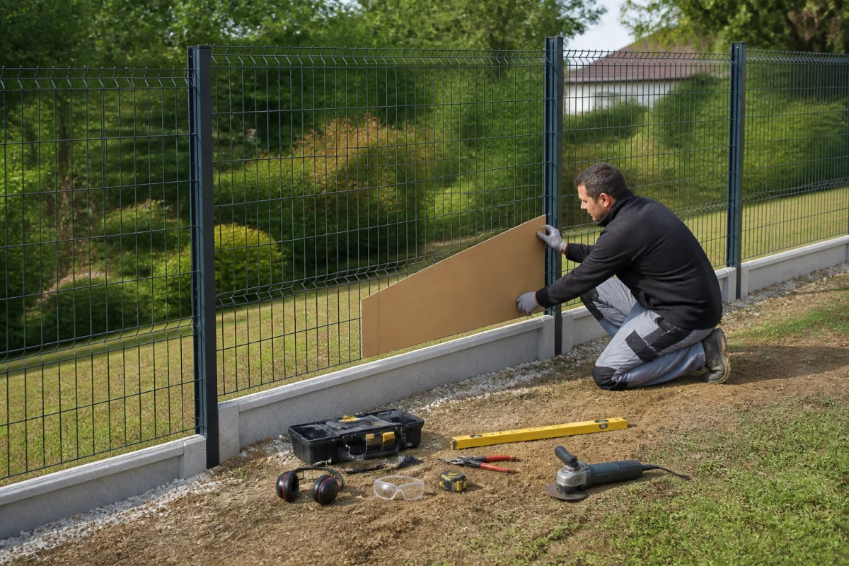 Pose d’une clôture rigide sur terrain en pente, avec panneau métallique incliné, gabarit et outils de mesure.
