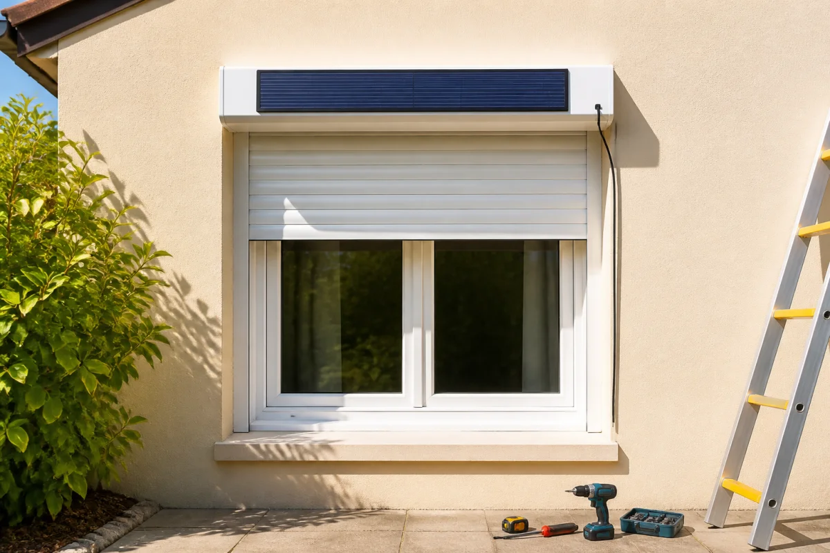 Installation d’un panneau photovoltaïque sur le coffre d’un volet roulant solaire par un particulier