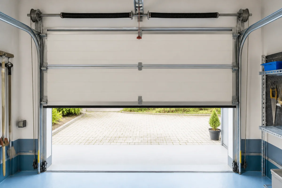 Réglage d’une porte de garage sectionnelle motorisée à mi-hauteur, avec câbles tendus et tambours alignés symétriquement