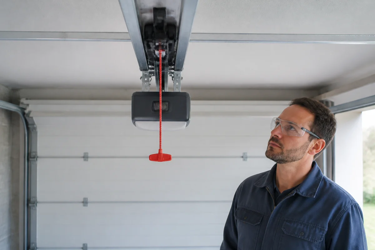 Chariot de motorisation et cordon rouge sous le rail d’une porte de garage sectionnelle, pour rembrayage sécurisé