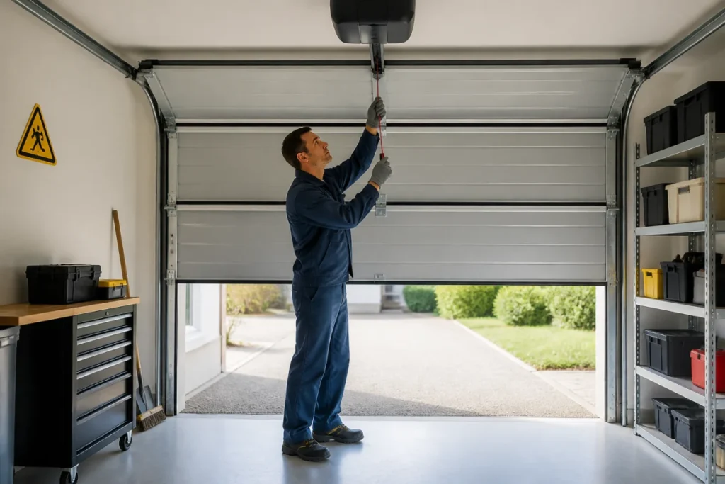 Adulte réenclenchant en sécurité le moteur d’une porte de garage sectionnelle avec le cordon de déverrouillage rouge