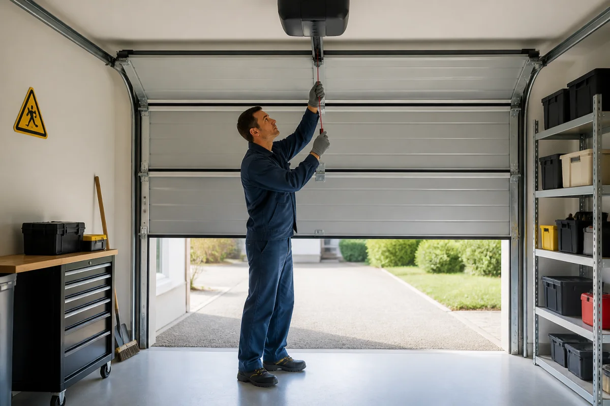 Adulte réenclenchant en sécurité le moteur d’une porte de garage sectionnelle avec le cordon de déverrouillage rouge